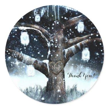 Winter Wonderland Rustic Tree Lights Mason Jars Classic Round Sticker