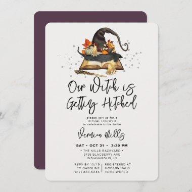 Witch Hitched Purple Halloween Bridal Shower Invitations