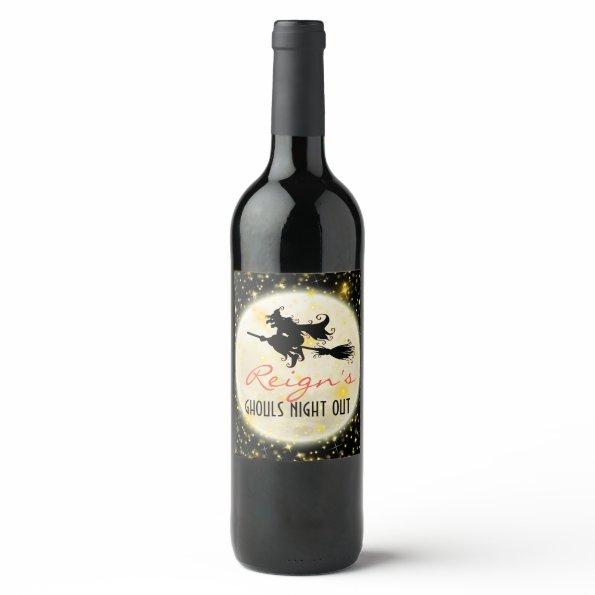 Witch Riding Broom| Moonlight & Sparkles Halloween Wine Label