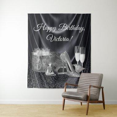 Womans Black Silver Shoe Birthday Party Backdrop