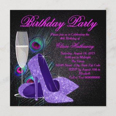 Womans Purple Peacock Birthday Party Invitations