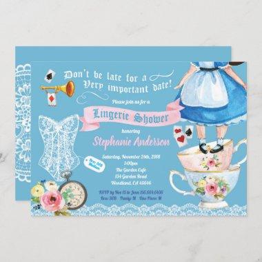 Wonderland lingerie shower bridal shower blue pink Invitations