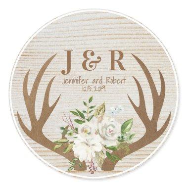 Wood and Floral Background Boho Antlers Monogram Classic Round Sticker