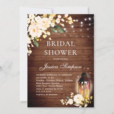 Wood & Blush Roses Lantern Bridal Shower Invitations