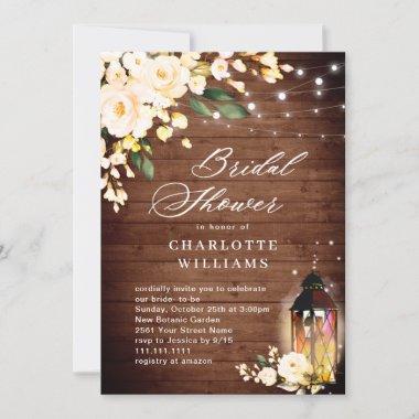 Wood Blush Roses Lantern Watercolor Bridal Shower Invitations