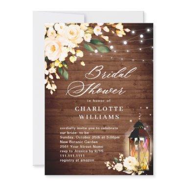 Wood Blush Roses Lantern Watercolor Bridal Shower Invitations