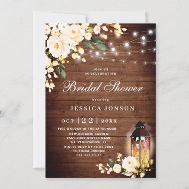 Wood Blush Roses Lantern Watercolor Bridal Shower Invitations