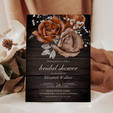 Wood Burnt Orange Roses Terracotta Bridal Shower Invitations