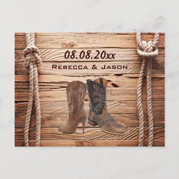 wood Cowboy Boots Western country save the date Announcement PostInvitations