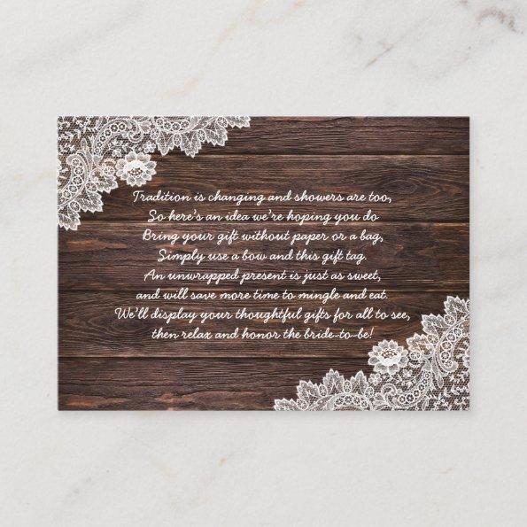 Wood Lace Display bridal shower insert card + tag