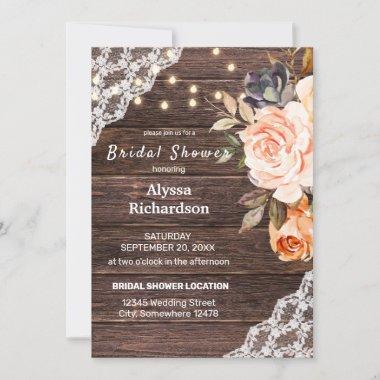 Wood Lace, String Lights, Blush & Peach Floral Invitations