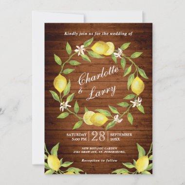 Wood & Lemons Blossom Greenery Watercolor Wedding Invitations
