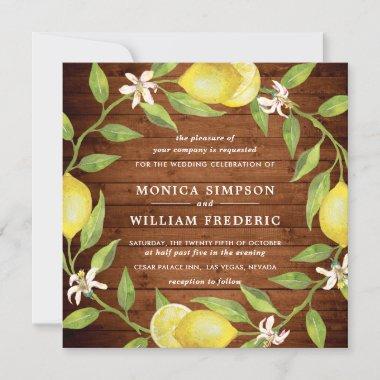 Wood & Lemons Blossom Greenery Watercolor Wedding Invitations