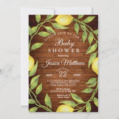 Wood & Lemons & Greenery Watercolor Baby Shower Invitations