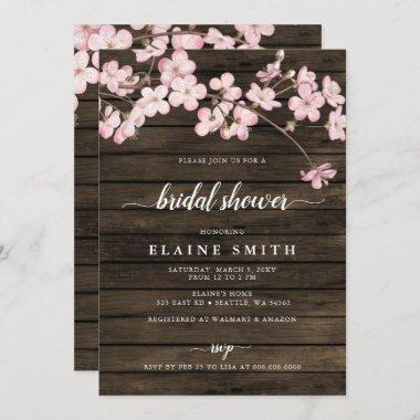 Wood Pink Sakura Cherry Blossoms Bridal Shower Invitations