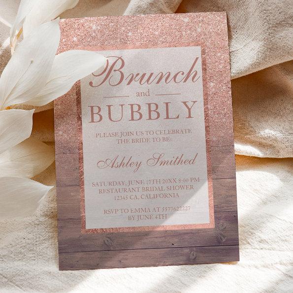 Wood rose gold glitter brunch bubbly bridal shower Invitations