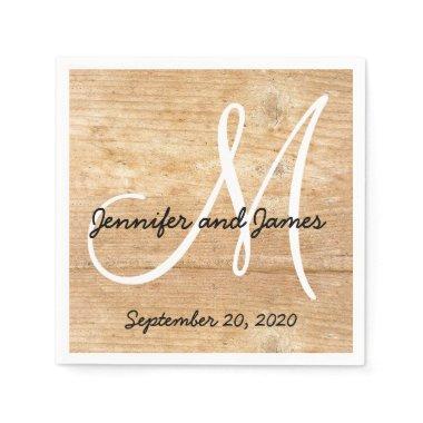 Wood Rustic Monogram Names Wedding Napkins