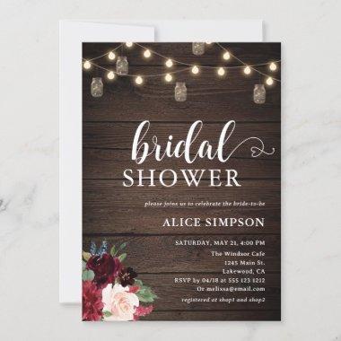 Wood Script Heart Burgundy Floral Bridal Shower Invitations