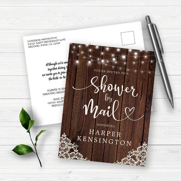Wood String Lights Lace Bridal Shower by Mail Invitation PostInvitations