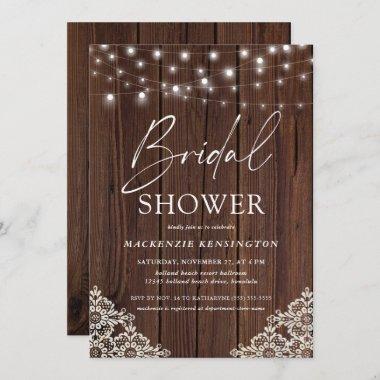 Wood String Lights Lace Handwritten Bridal Shower Invitations