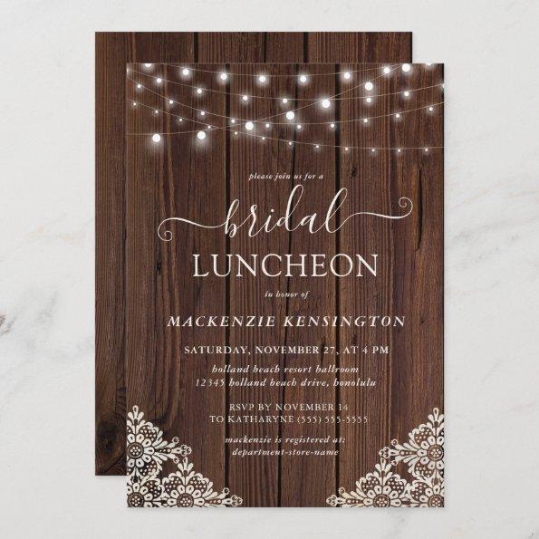 Wood String Lights Lace Luncheon Bridal Shower Invitations