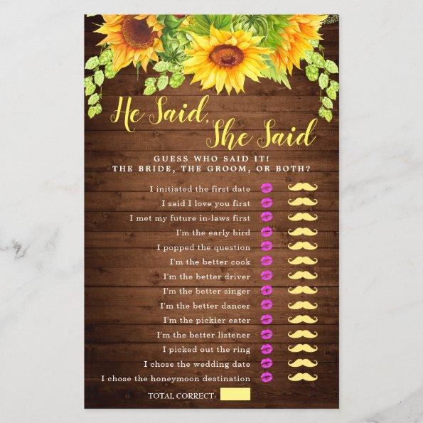 Wood Sunflowers Double-Sided Bridal Shower Game