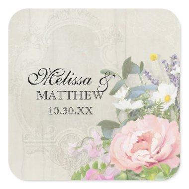 Wood Vintage Bohemian Rustic Floral Pink Peony Square Sticker