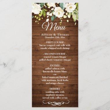 Wood & White Rose Rustic Floral Wedding Menu Invitations