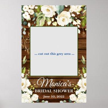 Wood & White Roses Floral Bridal Shower Photo Prop Poster