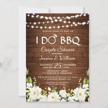Wood & White Roses Floral I Do BBQ Couple Shower Invitations