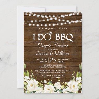 Wood & White Roses Floral I Do BBQ Couple Shower Invitations
