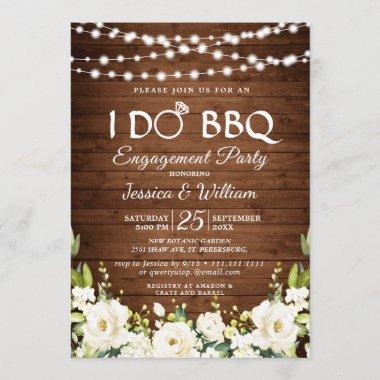 Wood White Roses Floral I Do BBQ Engagement Party Invitations