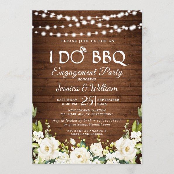 Wood White Roses Floral I Do BBQ Engagement Party Invitations