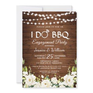 Wood White Roses Floral I Do BBQ Engagement Party Invitations