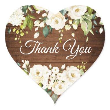 Wood White Roses Floral Rustic Thank You Heart Sticker