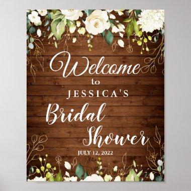 Wood & White Roses Greenery Bridal Shower Welcome Poster