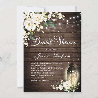 Wood & White Roses Lantern Bridal Shower Invitations