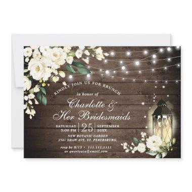 Wood & White Roses Lantern Bridesmaids Brunch Invitations