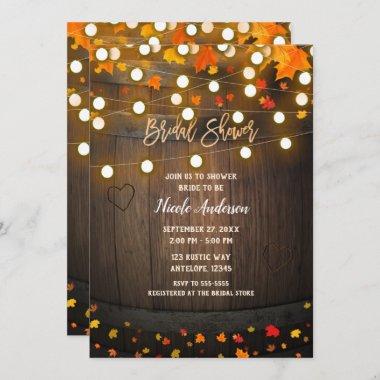 Wooden Barrel Fall Leaves & Lights Bridal Shower Invitations