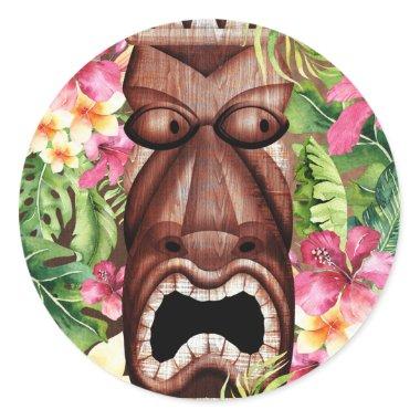 Wooden Hawaiian Tiki Luau Summer Party Favor Classic Round Sticker