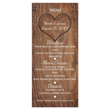 Wooden Tree Carved in Heart Rustic Wedding Menu