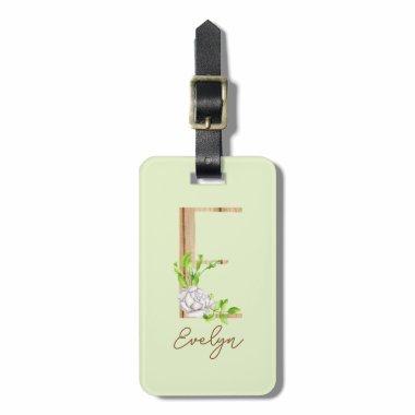 Wooden Watercolor White Rose Letter E Monogram Luggage Tag