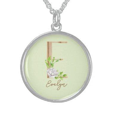Wooden Watercolor White Rose Letter E Monogram Sterling Silver Necklace