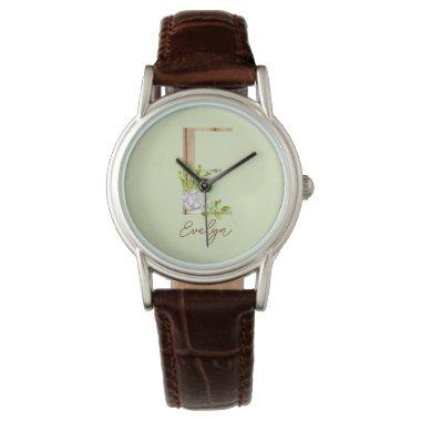 Wooden Watercolor White Rose Letter E Monogram Watch