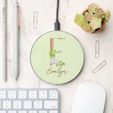 Wooden Watercolor White Rose Letter E Monogram Wireless Charger