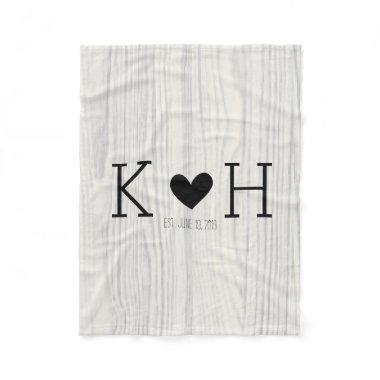 Woodgrain Couple's Initials Personalized Wedding Fleece Blanket