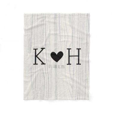 Woodgrain Couple's Initials Personalized Wedding Fleece Blanket