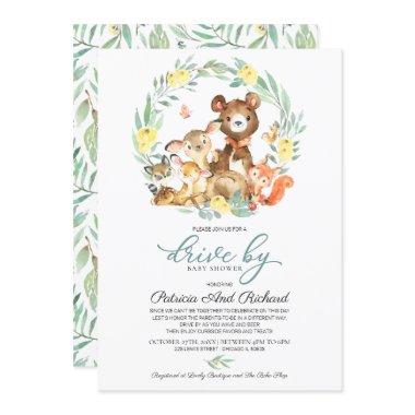 Woodland Animals Greenery Drive By Baby Shower Invitations