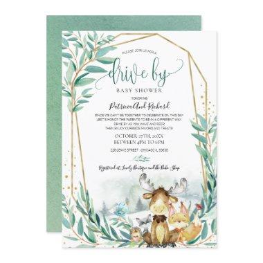 Woodland Animals Greenery Drive By Baby Shower Invitations