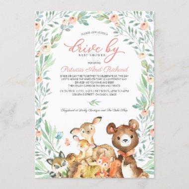 Woodland Animals Greenery Drive By Baby Shower Invitations